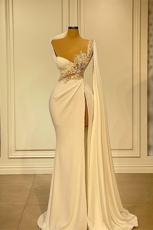 Elegant Long Mermaid Asymmetrical Ruffles Beading Satin Prom Dress With Slit
