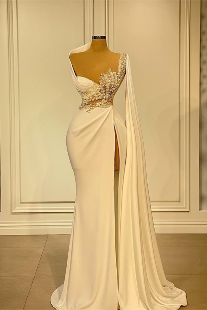 Elegant Long Mermaid Asymmetrical Ruffles Beading Satin Prom Dress With Slit