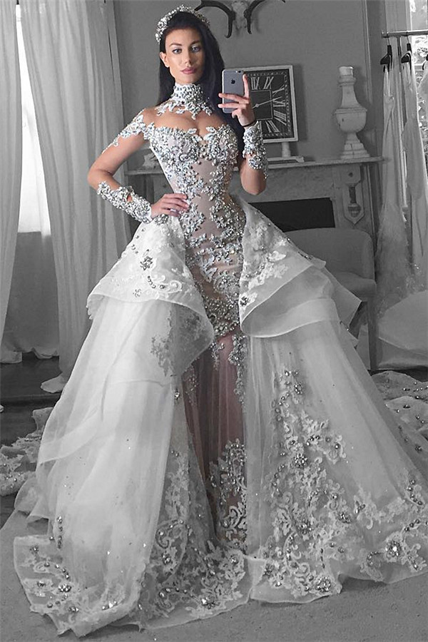 Glamorous Long Sleeves Tulle High Neck Appliques Wedding Dresses with Detachable Overskirt
