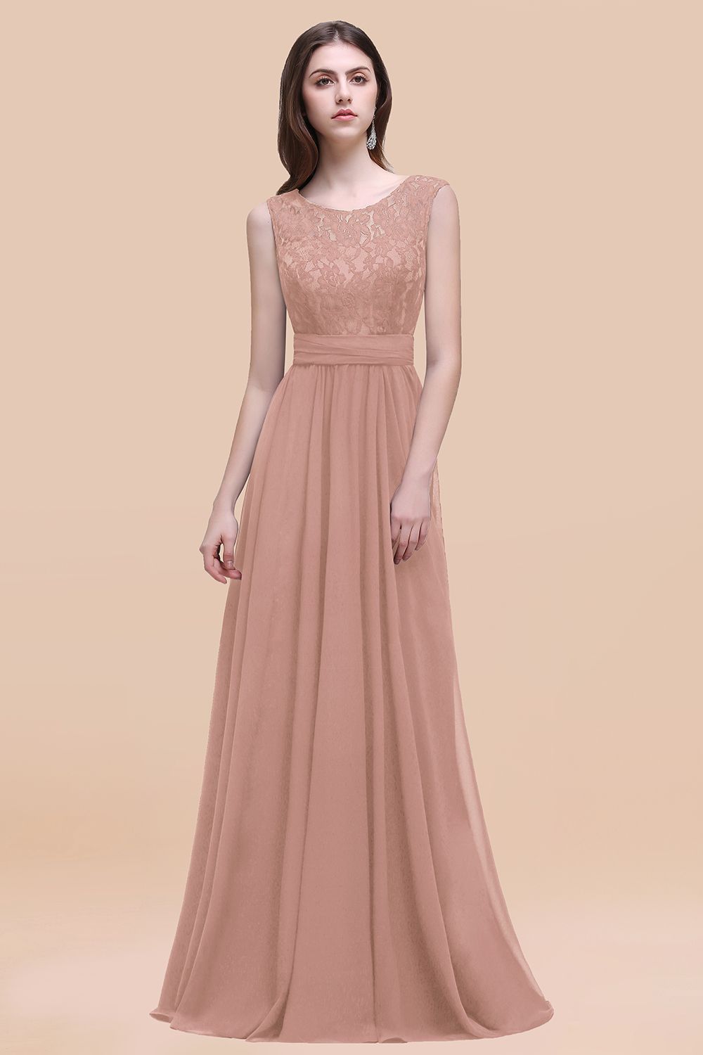 Elegant A-line Chiffon Lace Scoop Sleeveless Floor-Length Bridesmaid Dress