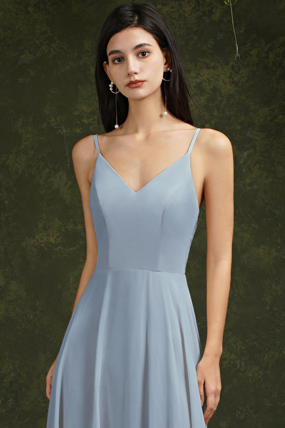 Long A-line Spaghetti Straps V-neck Floor Length Chiffon Formal Evening Dress