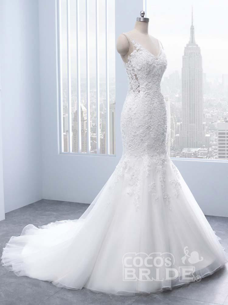 Elegant Long V-neck Lace Mermaid Tulle Wedding Dresses