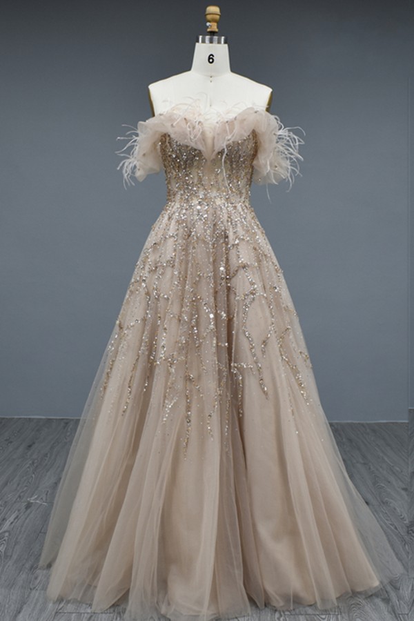 Elegant Long A-line Off the Shoulder Tulle Beading Formal Prom Dresses