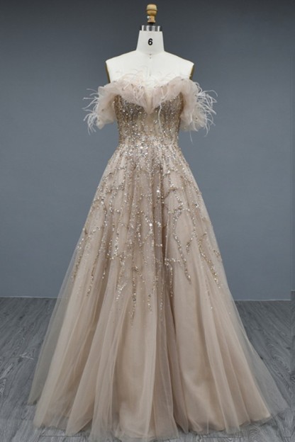 Elegant Long A-line Off the Shoulder Tulle Beading Formal Prom Dresses