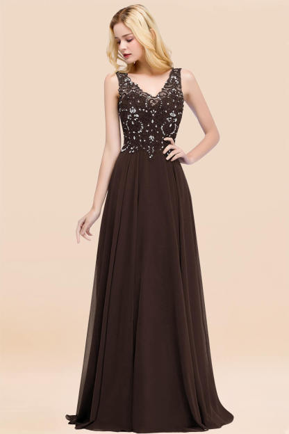 A-line Chiffon Appliques V-neck Sleeveless Floor-Length Bridesmaid Dresses with Crystals