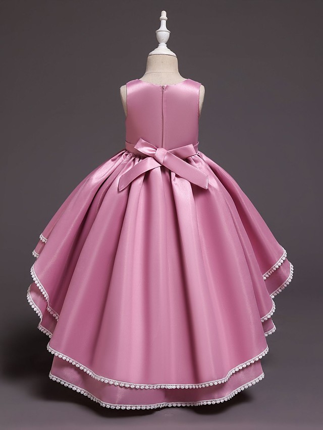 Princess Asymmetrical Wedding / Party / Pageant Flower Girl Dresses - Satin / Tulle Sleeveless Jewel Neck With Lace / Belt / Appliques