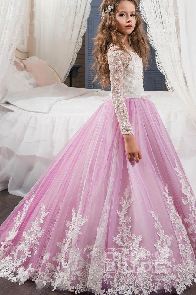 Scoop Neck Long Sleeves Ball Gown Flower Girls Dress