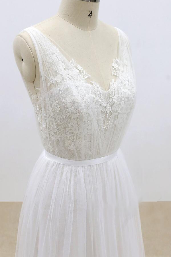 Elegant Long V-neck Ruffle Tulle Appliques A-line Wedding Dress