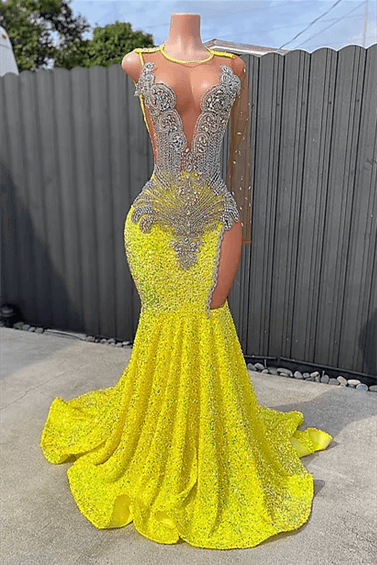 Yellow Long One Shoulder V-Neck Sequin Beaded Mermaid Prom Dress
