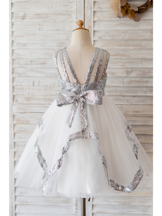 Ball Gown Knee Length Wedding / Birthday Flower Girl Dresses - Tulle / Sequined Sleeveless Jewel Neck With Bow(S)