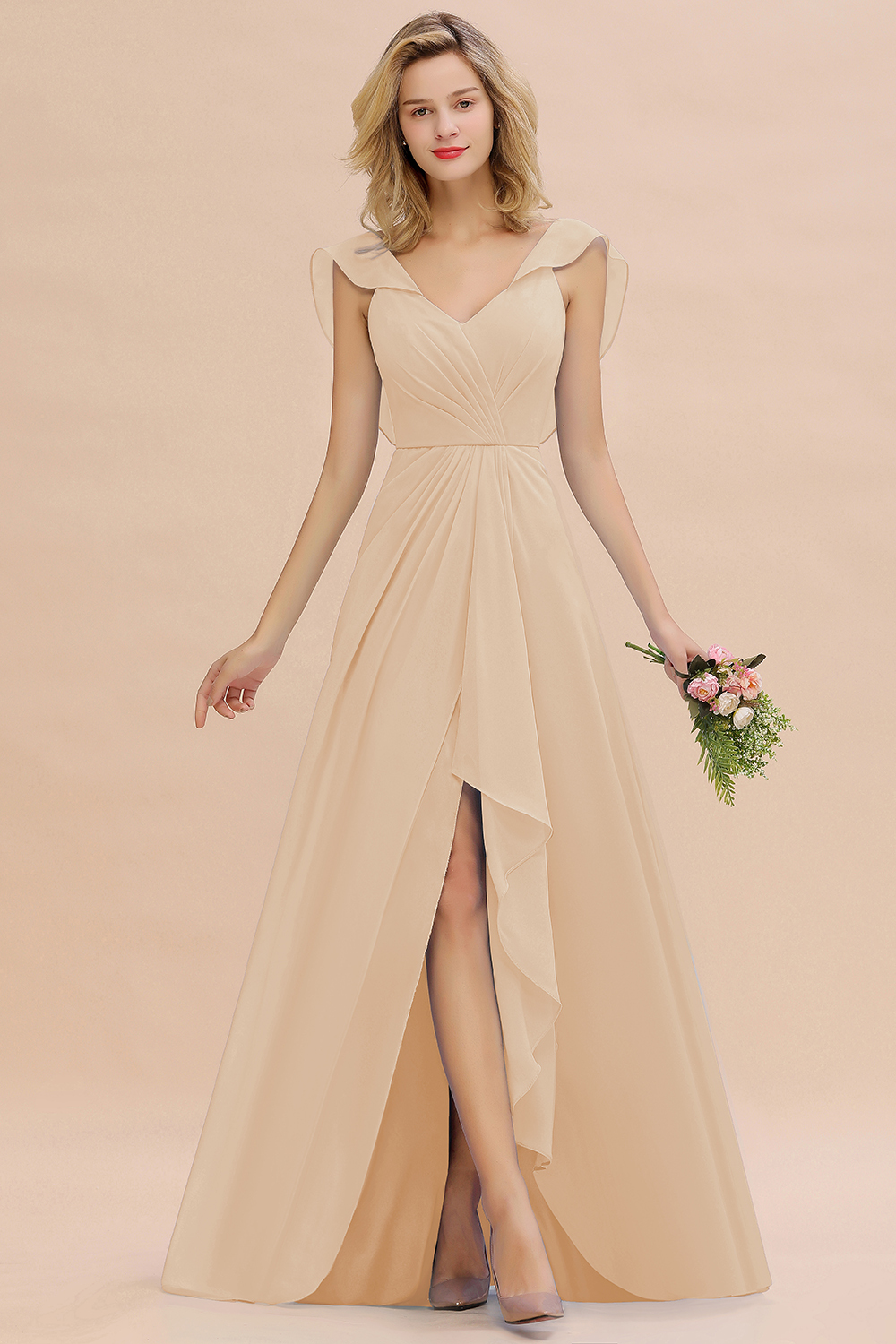 BM0777 Simple Hi-Lo V-Neck Ruffles Long Bridesmaid Dress