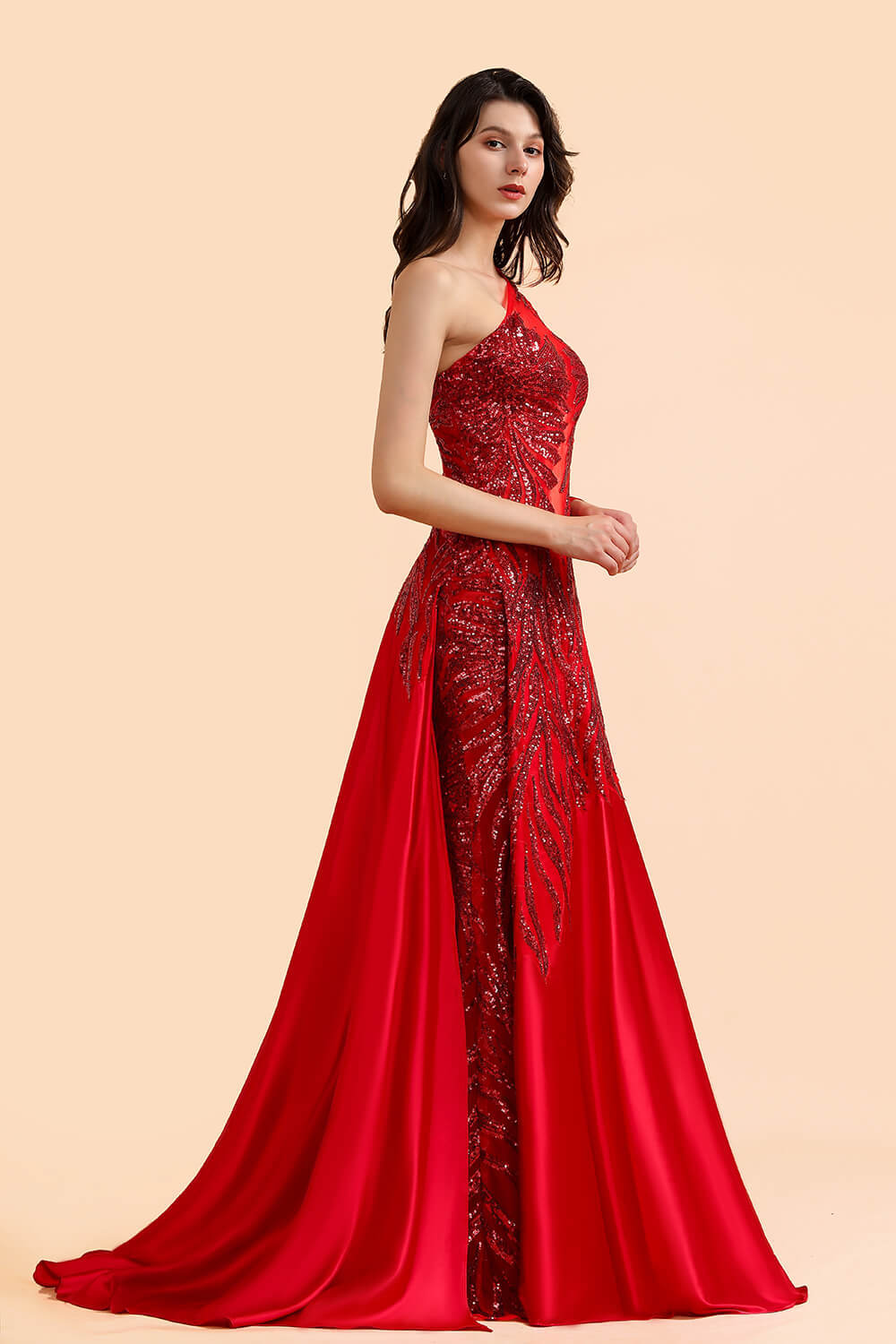 One Shoulder Mermaid Sequins Fuchsia Evening Dresses with Sleeves