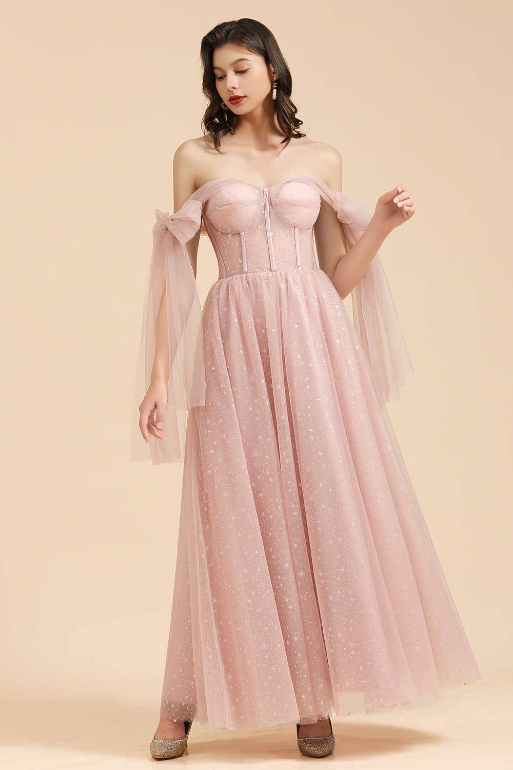 A-line Pink Off The Shoulder Bow Tulle Floor Length Bridesmaid Dress