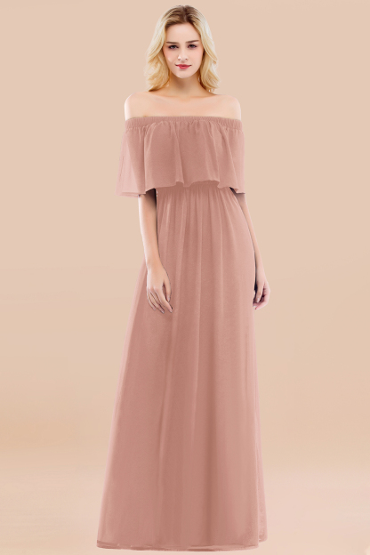 A-line Chiffon Off-the-Shoulder Short-Sleeves Ruffles Floor-length Bridesmaid Dress