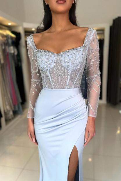 Long Sleeve Square Neck Mermaid Satin Floor Length Prom Dress with Sequins and Beads