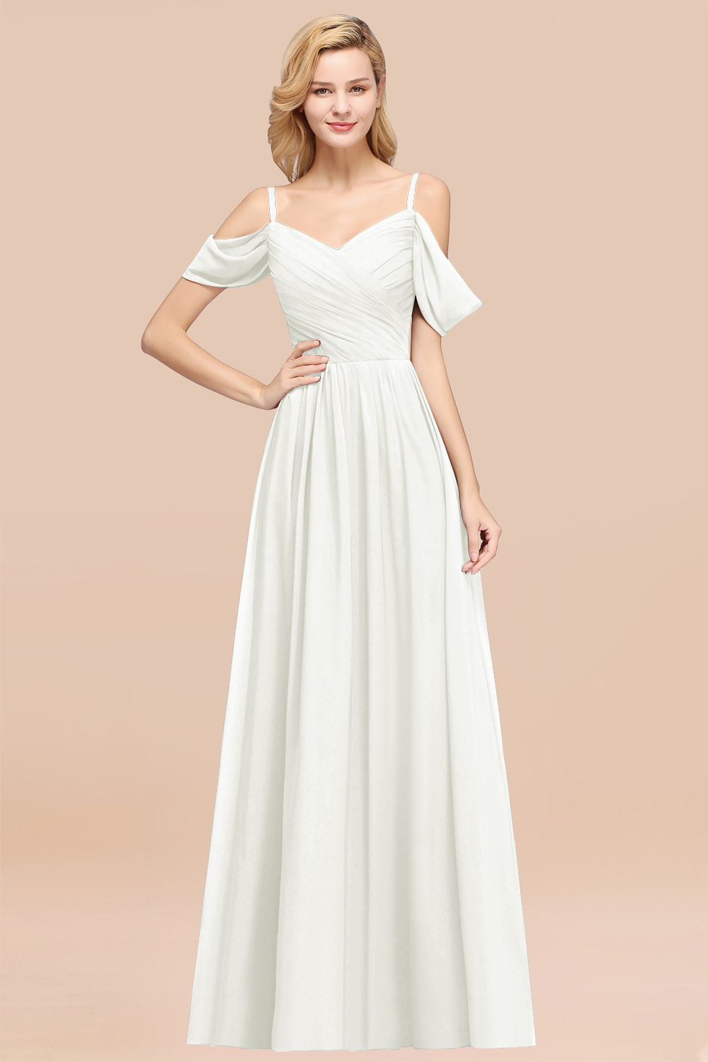 A-Line Chiffon V-Neck Spaghetti Straps Short-Sleeves Floor-Length Bridesmaid Dresses with Ruffles