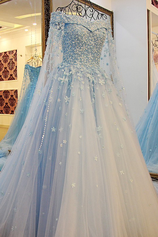Pretty Off-the-shoulder Tulle Long Sleeves Beading Flower Ball Gown Prom Dress