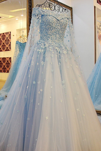 Pretty Off-the-shoulder Tulle Long Sleeves Beading Flower Ball Gown Prom Dress