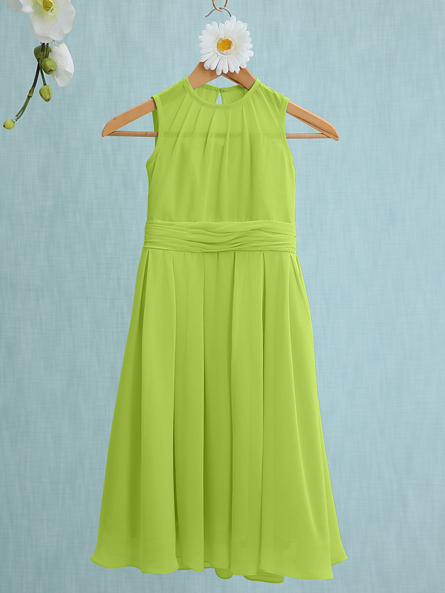 Sky Blue Long A-line Jewel Neck Knee Length Chiffon Junior Bridesmaid Dress
