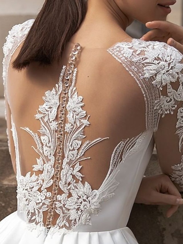 Long A-Line Jewel Lace Satin Long Sleeve Wedding Dresses with Pockets