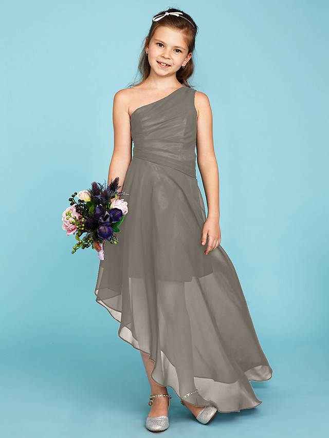 A-Line One Shoulder Asymmetrical Chiffon Junior Bridesmaid Dress With Side Draping / Wedding Party