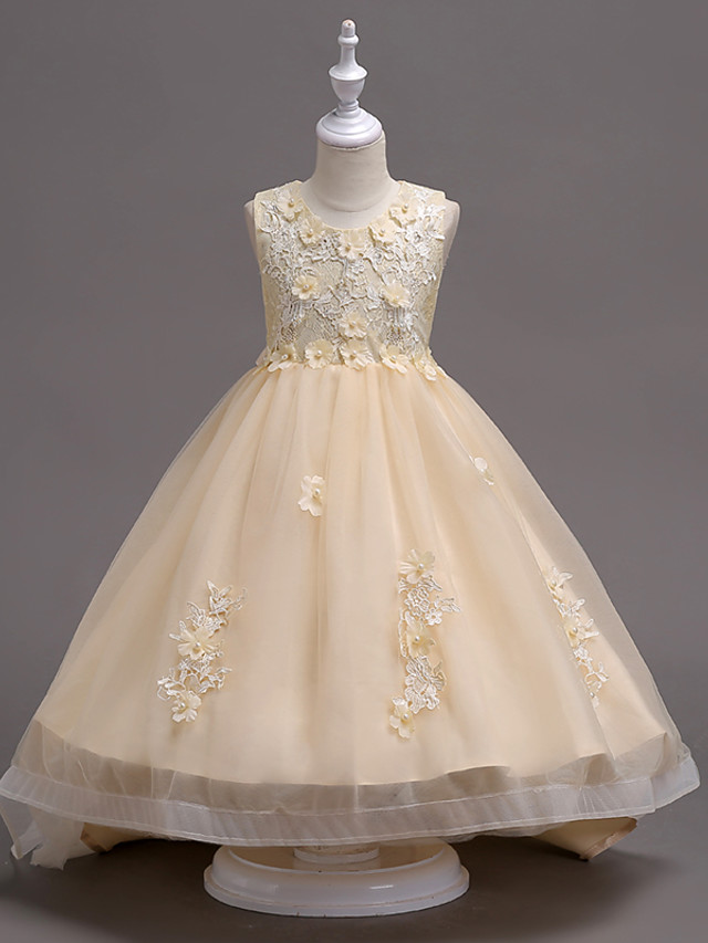 White Ball Gown Knee Length Tulle Appliques Lace Flower Girl Dress
