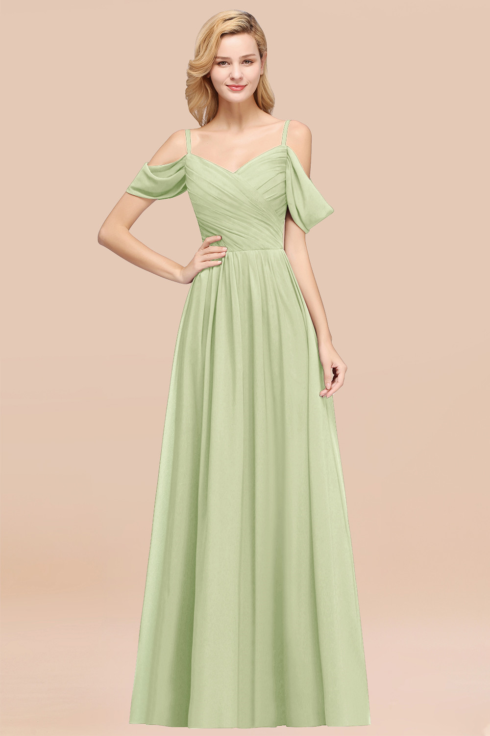 A-Line Chiffon V-Neck Spaghetti Straps Short-Sleeves Floor-Length Bridesmaid Dresses with Ruffles