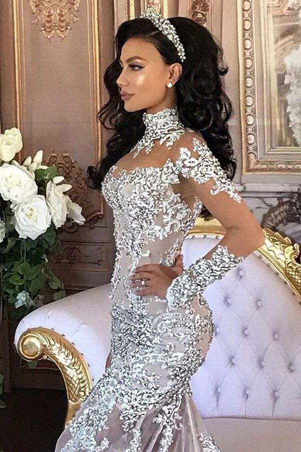 Glamorous Long Sleeves Tulle High Neck Appliques Wedding Dresses with Detachable Overskirt