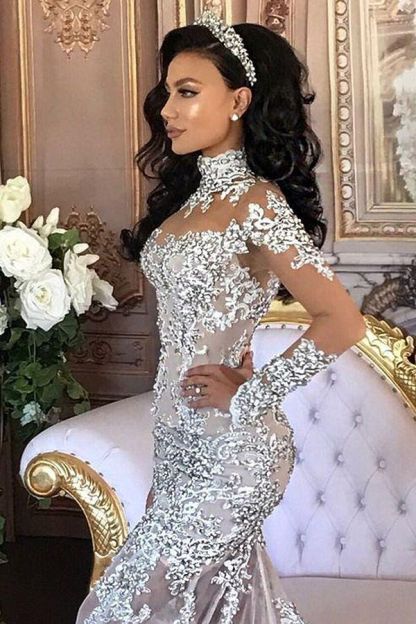 Glamorous Long Sleeves Tulle High Neck Appliques Wedding Dresses with Detachable Overskirt