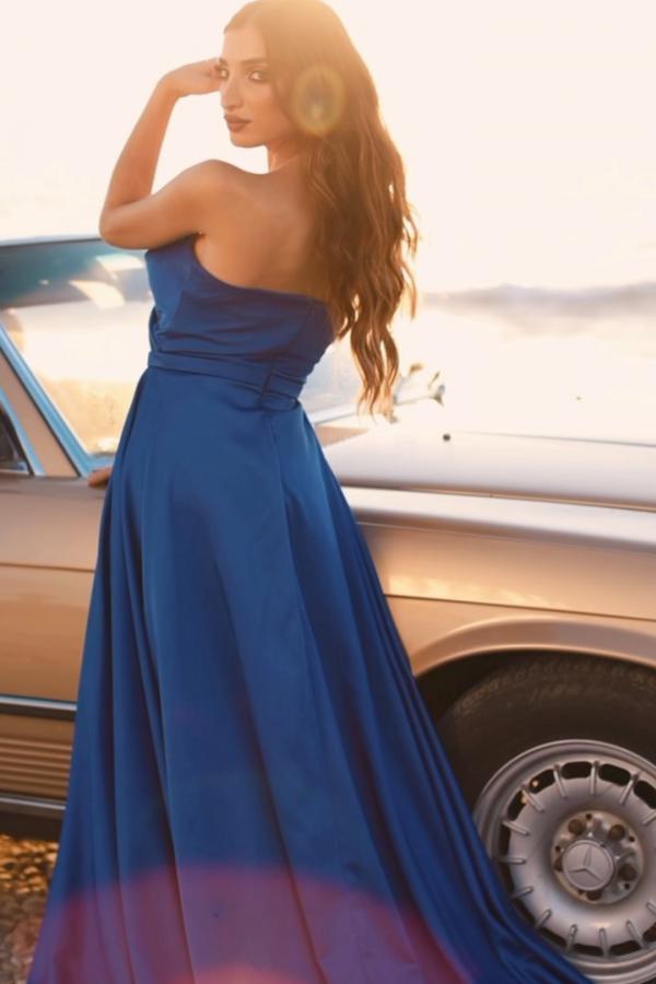 Charming Royal Blue Long A-line Sweetheart Satin Prom Dress with Slit
