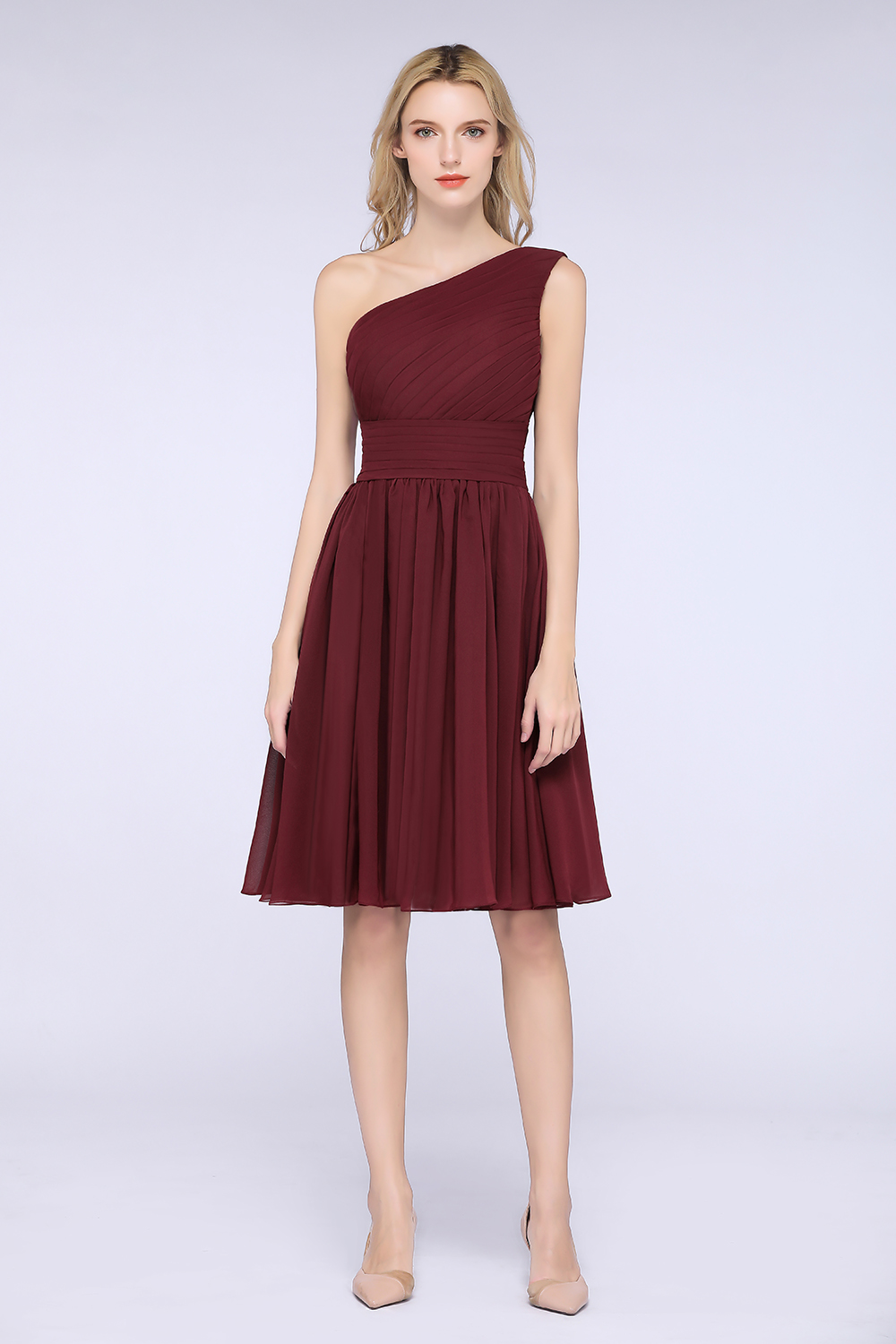 A-Line Chiffon One-Shoulder Sleeveless Knee-Length Bridesmaid Dress with Ruffles