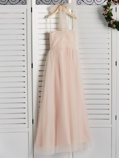 A-Line Halter Neck Floor Length Tulle Junior Bridesmaid Dress With Ruching