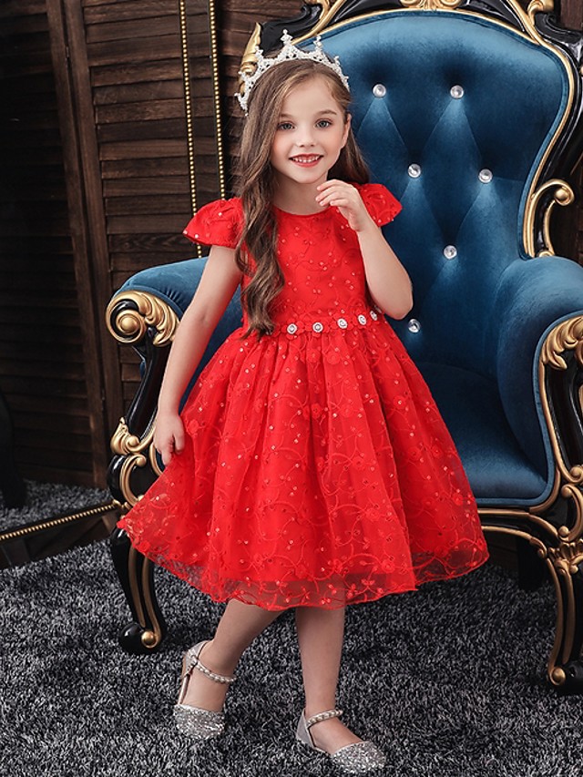 Princess / Ball Gown Knee Length Wedding / Party Flower Girl Dresses - Tulle Cap Sleeve Jewel Neck With Sash / Ribbon / Bow(S) / Embroidery