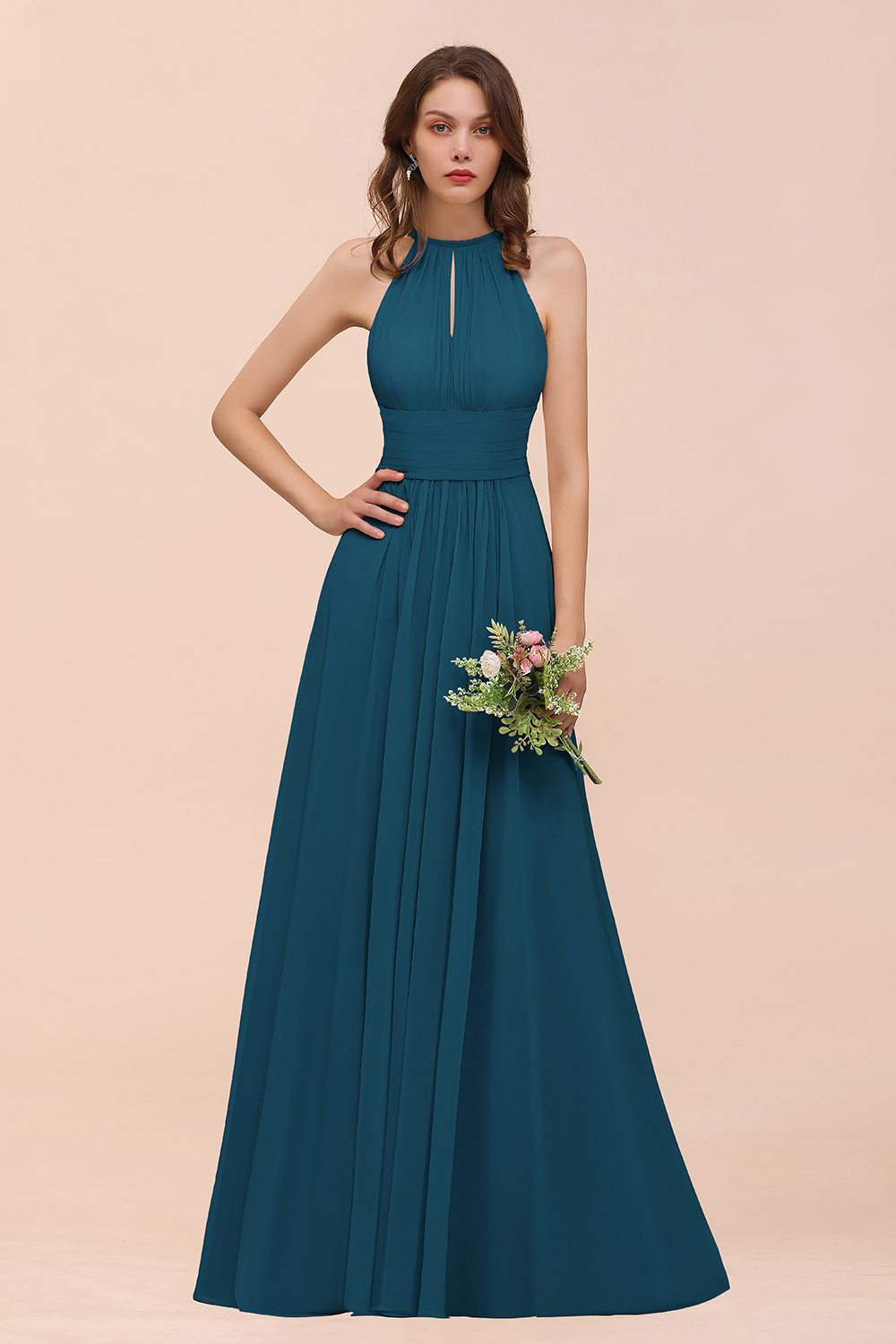 Elegant Long A-Line Jewel Ruffle Chiffon Champagne Bridesmaid Dress