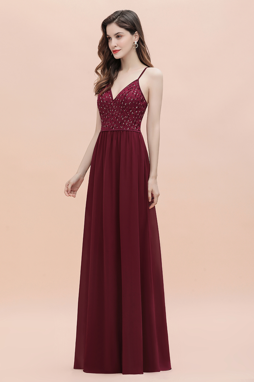 Long V-Neck Spaghetti Straps A-line Chiffon Burgundy Bridesmaid Dress