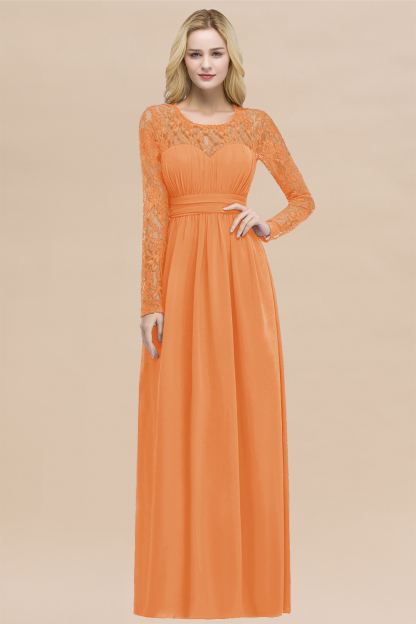 Elegant A-Line Chiffon Jewel Long Sleeves Ruffles Floor-Length Bridesmaid Dresses