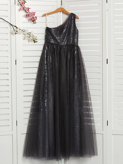 Long A-Line One Shoulder Tulle Junior Bridesmaid Dress
