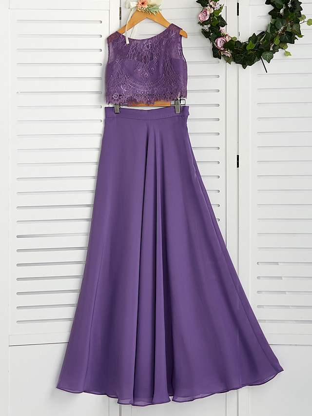 Long A-line Two Piece Chiffon Lace Junior Bridesmaid Dress