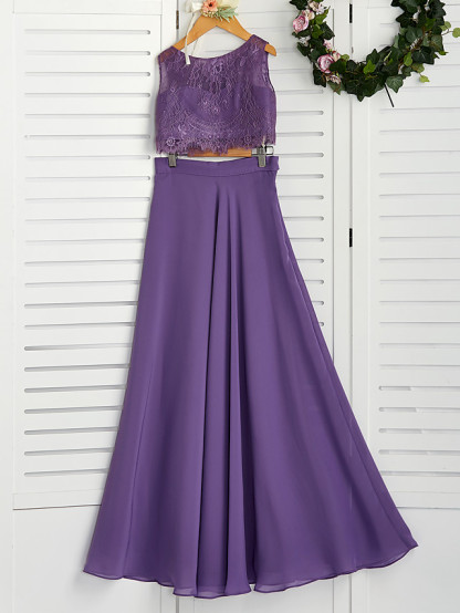 Long A-line Two Piece Chiffon Lace Junior Bridesmaid Dress