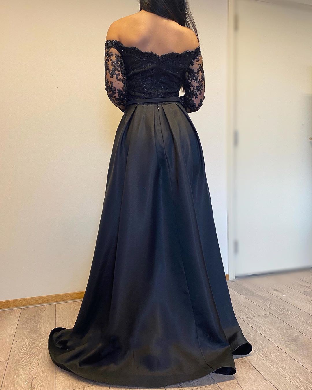 Long A-line Off-the-shoulder Lace Detachable Prom Dress with Sleeves