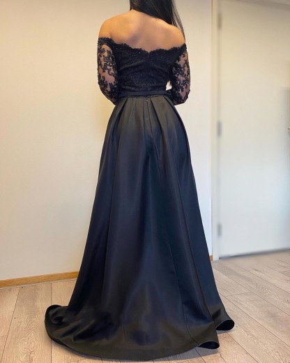 Long A-line Off-the-shoulder Lace Detachable Prom Dress with Sleeves