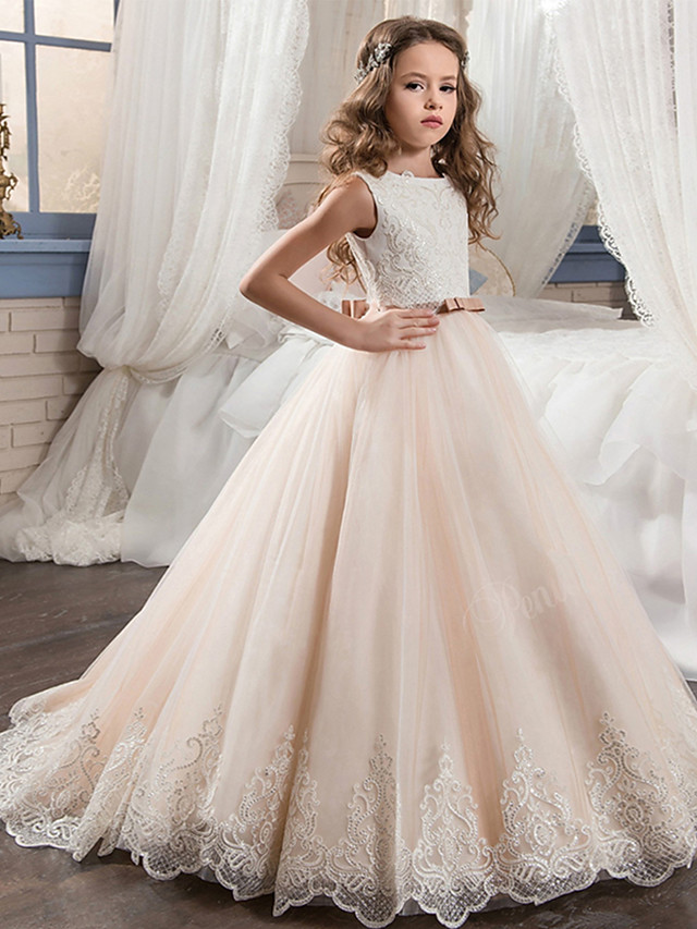 Long A-line Tulle Sleeveless Jewel Neck Flower Girl Dresses with Bows