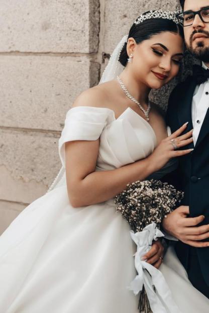 Plus Size Long A-line Off the Shoulder Open Back Wedding Dress with Ruffle