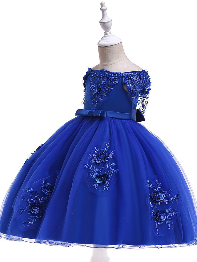 Princess Above Knee Wedding / Party / Pageant Flower Girl Dresses - Satin / Tulle Short Sleeve Off Shoulder With Lace / Beading / Appliques
