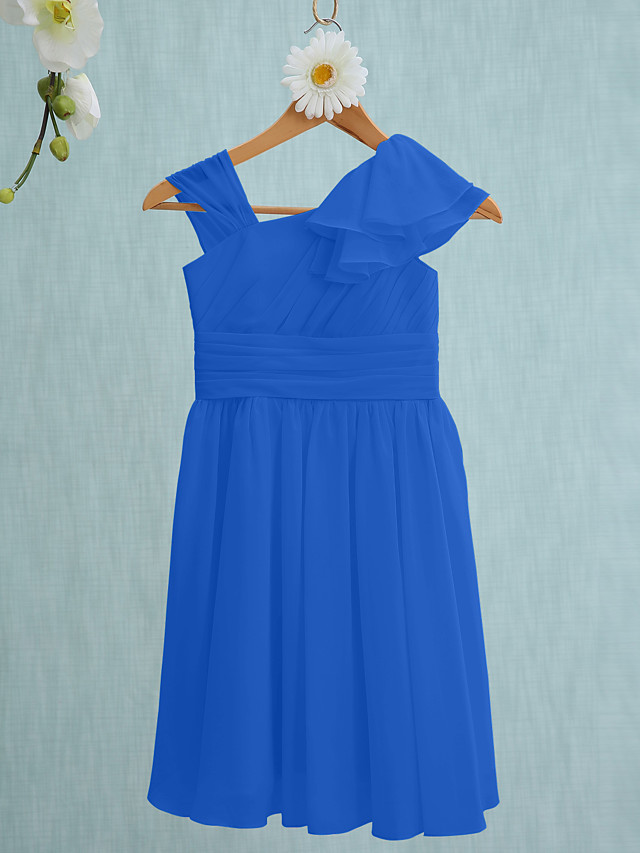 Sheath / Column Straps Knee Length Chiffon Junior Bridesmaid Dress With Ruffles / Side Draping / Natural
