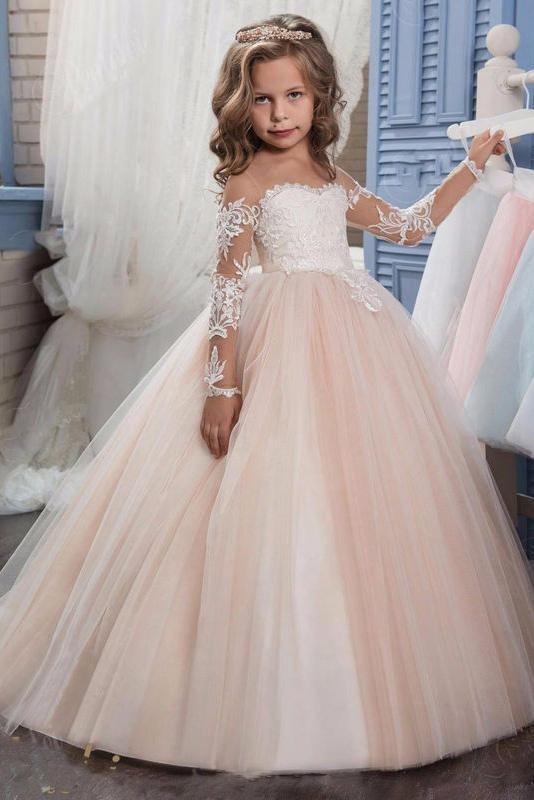 White Scoop Neck Long Sleeves Ball Gown Flower Girls Dress