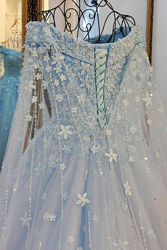 Pretty Off-the-shoulder Tulle Long Sleeves Beading Flower Ball Gown Prom Dress