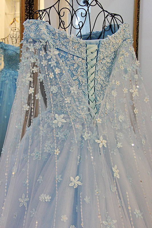 Pretty Off-the-shoulder Tulle Long Sleeves Beading Flower Ball Gown Prom Dress