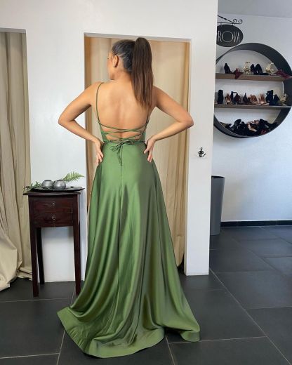 Sexy Long A-line Spaghetti Straps Satin Side Slit Prom Dress with Pockets