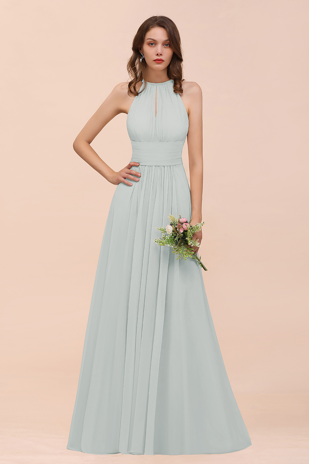 Elegant Long A-Line Jewel Ruffle Chiffon Champagne Bridesmaid Dress